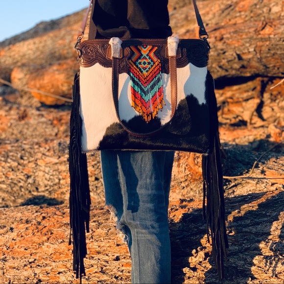 Handbags - Cow Hide Tooled Leather Fringe Beaded Purse